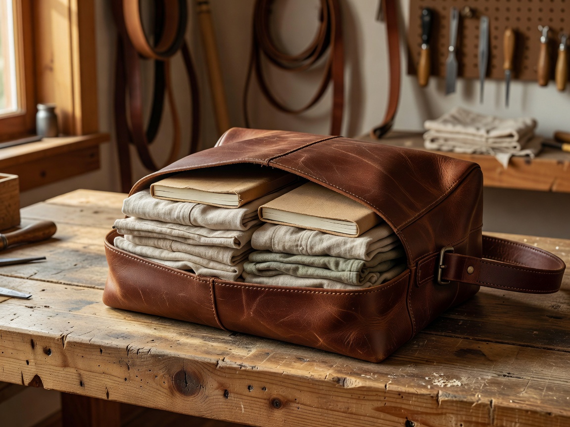 Artisanal leather weekend bag packed with linen clothing and notebooks