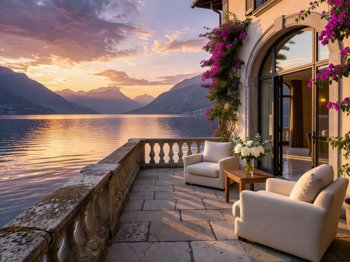 Boutique lakeside villa terrace overlooking Lake Como at sunset