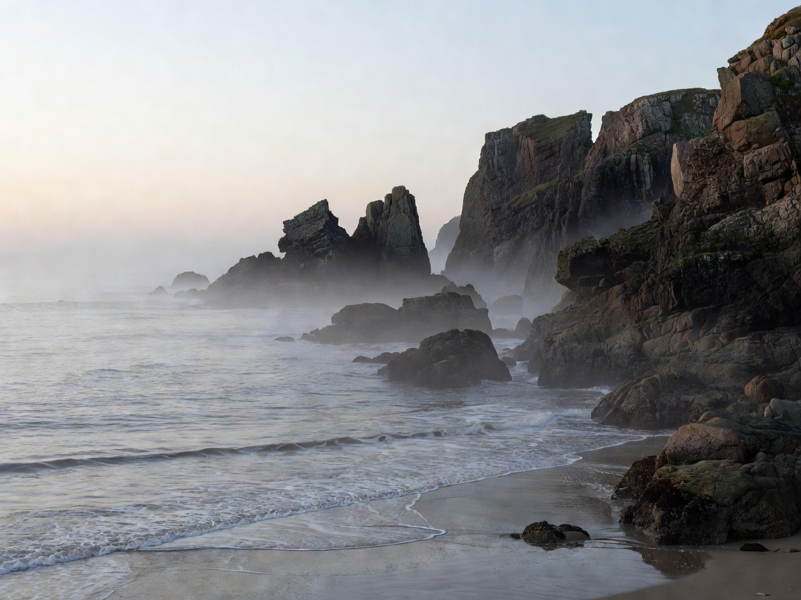 Gentle coastal tide with dramatic rock cliffs in the morning mist