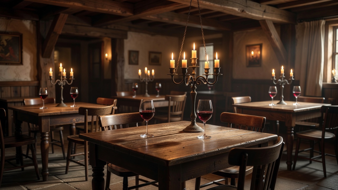 Intimate country restaurant with antique wooden tables, fine wine glasses, and warm candelabra