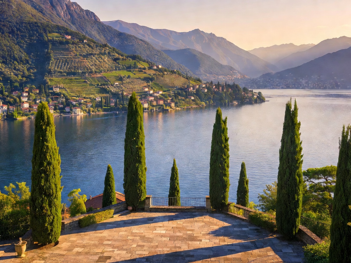 Lake Como waterfront villa surrounded by classical cypress trees
