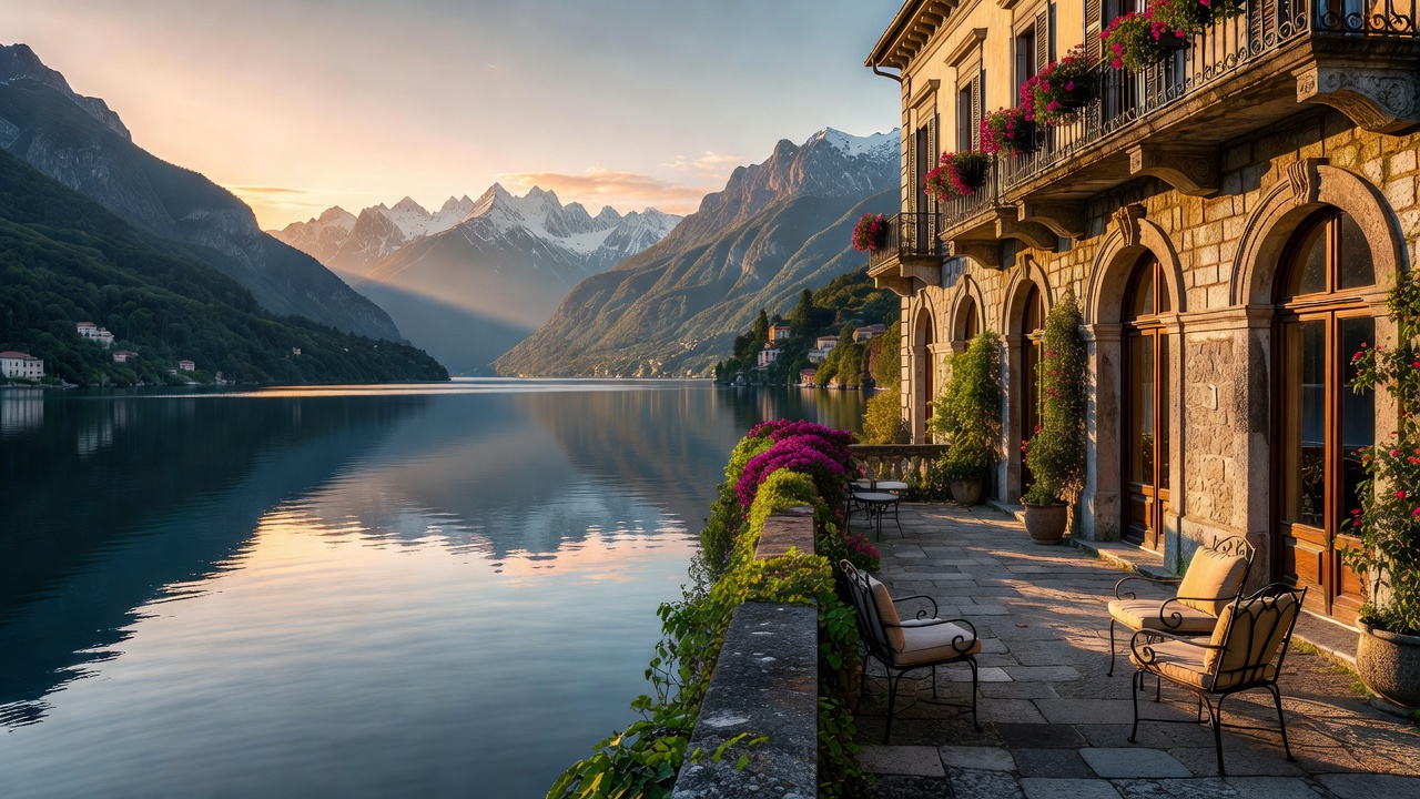 Lake Como waterfront palazzo terrace with scenic mountain reflections