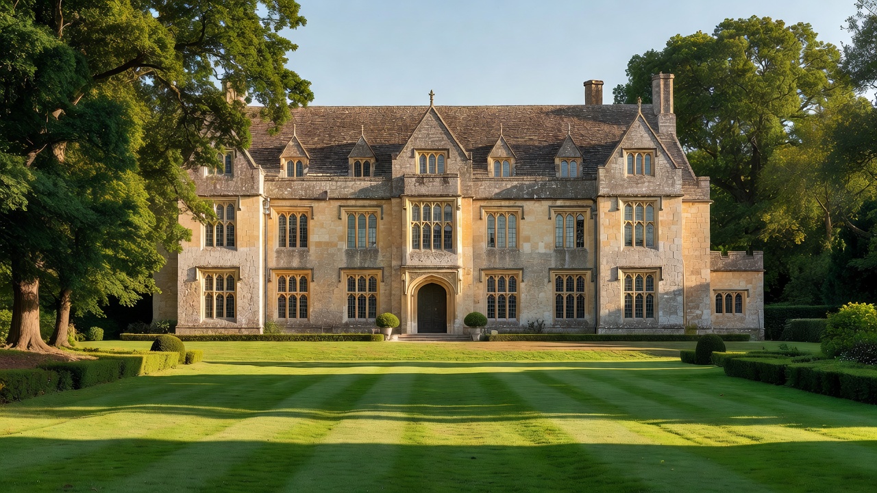 Magnificent historic Cotswolds country manor facade with stone mullioned windows and lush lawns