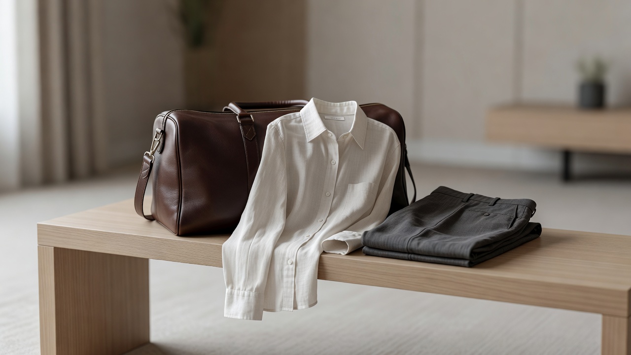 Minimalist luxury travel packing with leather duffel and tailored linen garments