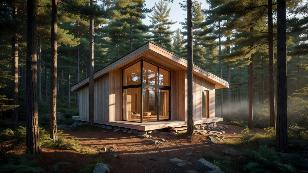 Nordic modern timber cabin in the Hudson Valley pine forest with large glass windows
