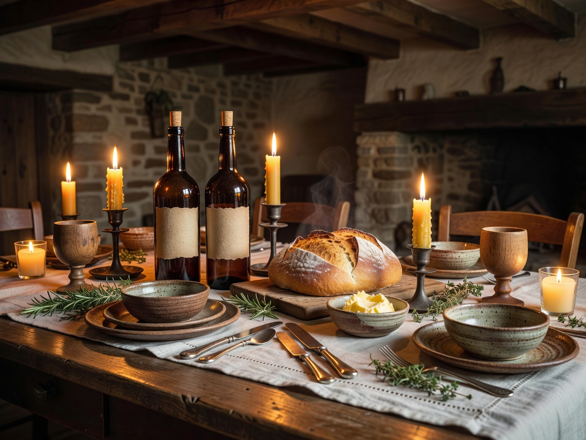 Warm candlelit dining table with artisanal wine and fresh country bread